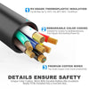 Primer plano de un tubo negro mostrando varios cables de cobre de colores con aislamiento de plástico térmico para conexión e