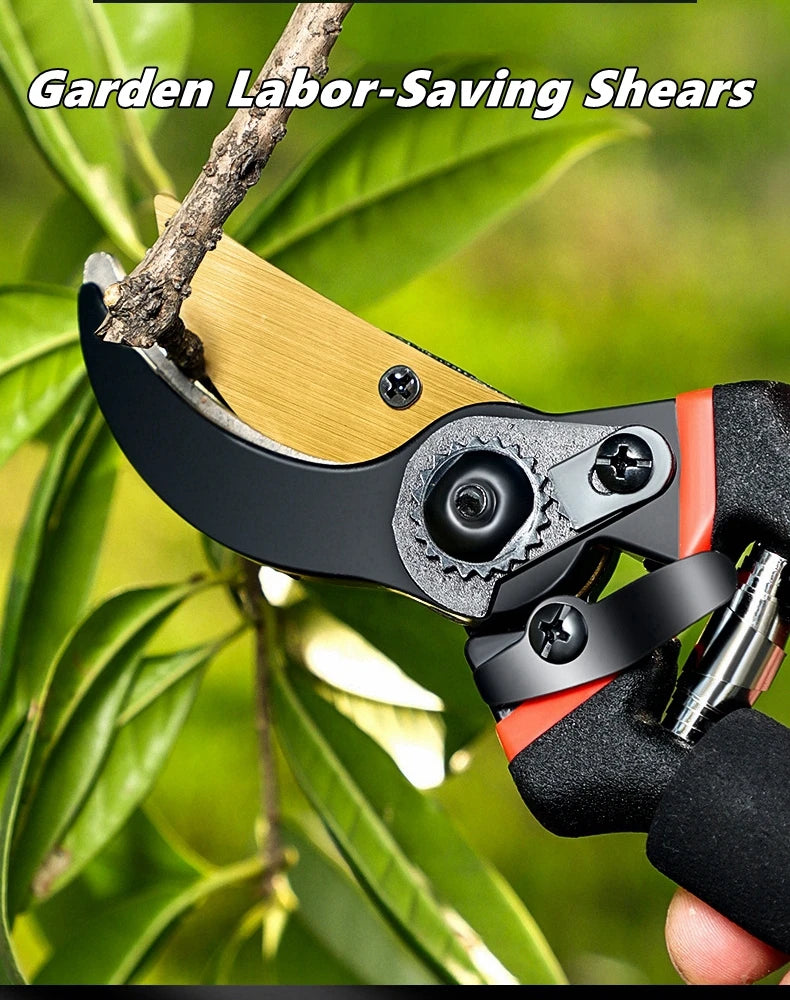 A close-up of a garden labor-saving pair of shears with a wooden handle being used to prune a branch.