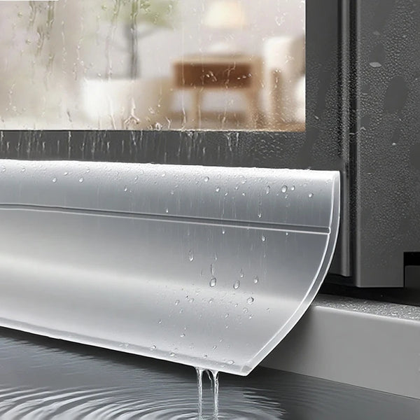 Primer plano de una tira selladora transparente que gotea agua sobre una superficie.