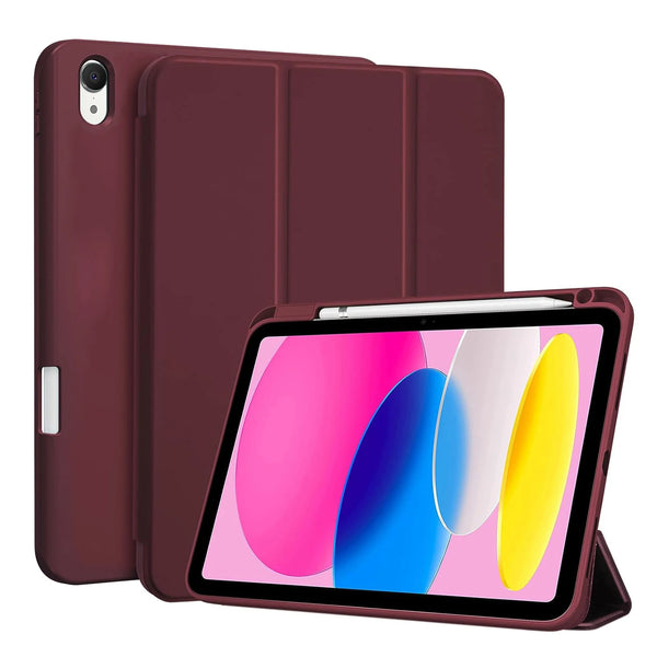 A maroon magnetic flip smart cover for an iPad is shown in a studio setting.