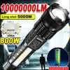 A black tactical LED flashlight with a bright beam, showing specifications like 1000000LM and 800W.
