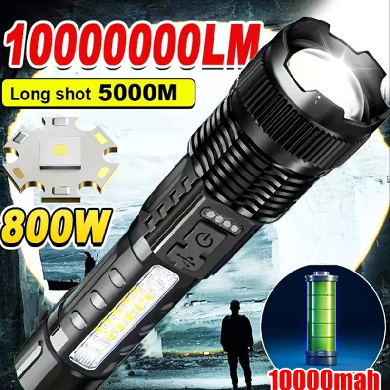 A black tactical LED flashlight with a bright beam, showing specifications like 1000000LM and 800W.