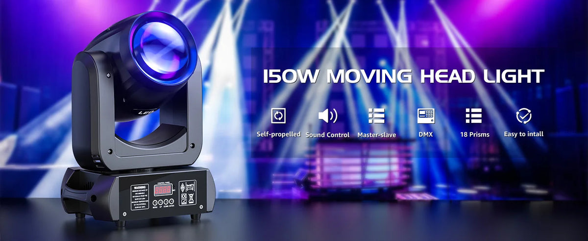 A professional 150W moving head light is displayed on a stand with various features listed.