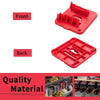 Organisateur mural en plastique rouge pour piles lithium M18, vu de face et de dos.