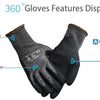 A pair of black heavy-duty anti-cut work gloves showing the display features, including an elastic cuff and HPPE+glassfiber m