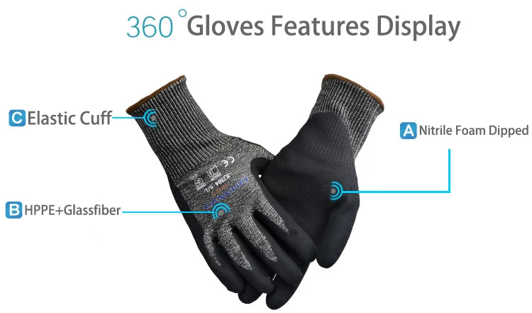 A pair of black heavy-duty anti-cut work gloves showing the display features, including an elastic cuff and HPPE+glassfiber m