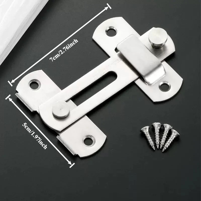 A premium stainless steel sliding door latch with measurements and mounting hardware.