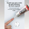A bottle of B-6000 needle type glue outlet adhesive is shown next to a finger applying the clear repairable glue.