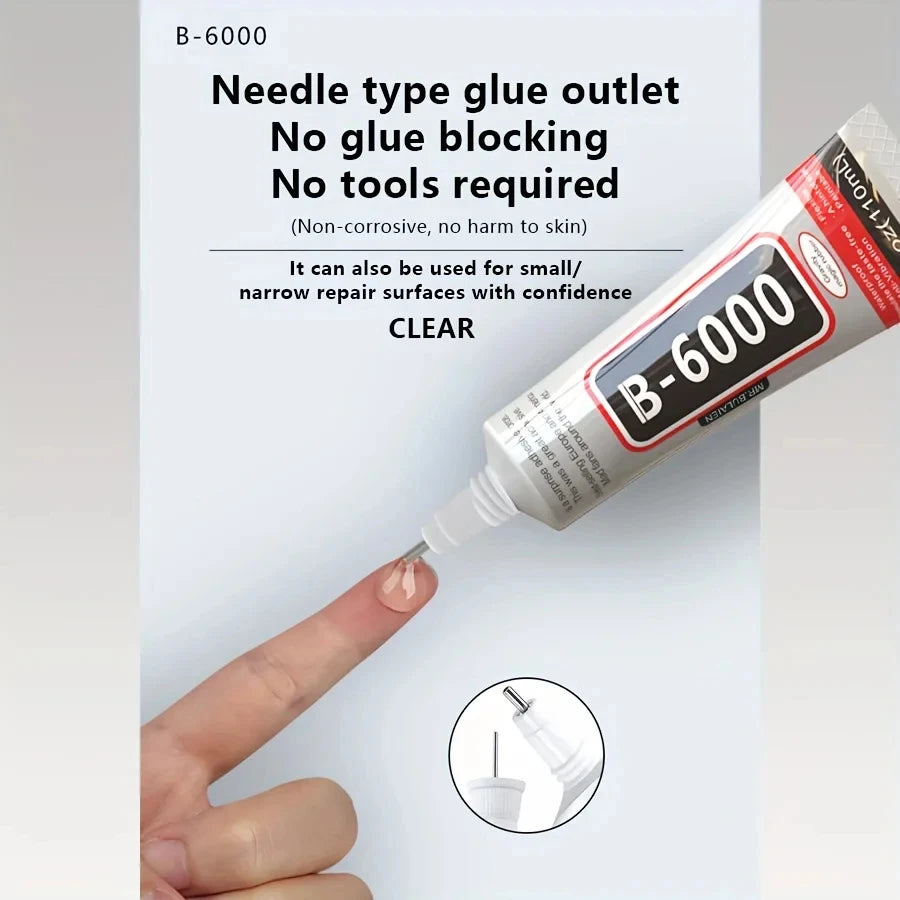 A bottle of B-6000 needle type glue outlet adhesive is shown next to a finger applying the clear repairable glue.