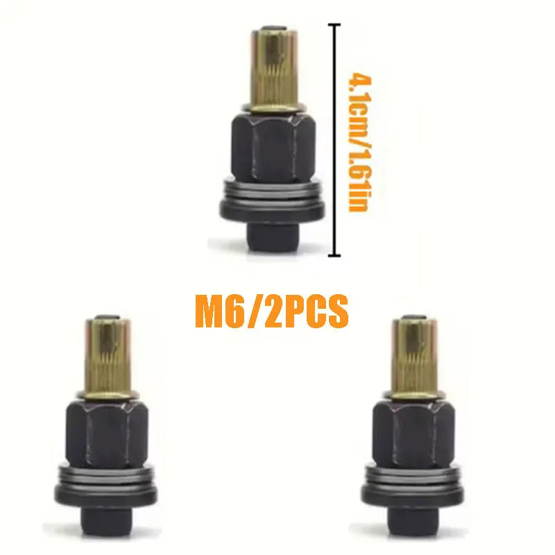 M6 riveting tool set with brass and black components shown in multiple views