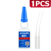 A bottle of Instant Adhesive glue with a blue cap and two applicator sticks.