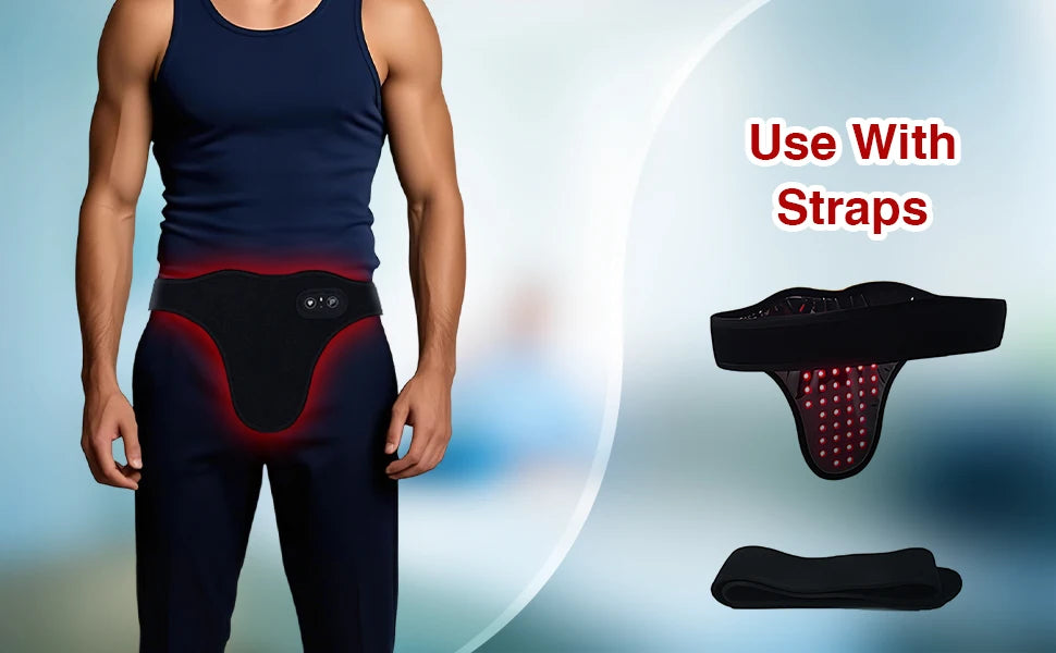 A person wearing a black infrared therapy massage belt for neck and shoulder relief, shown with accompanying straps.