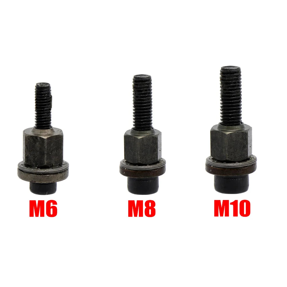 A set of three precision hand rivet nuts labeled M6, M8, and M10 with threaded shafts.
