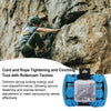 A person is using a cord and rope tightening tool with rollercam techno to secure a fastening on a rock face.