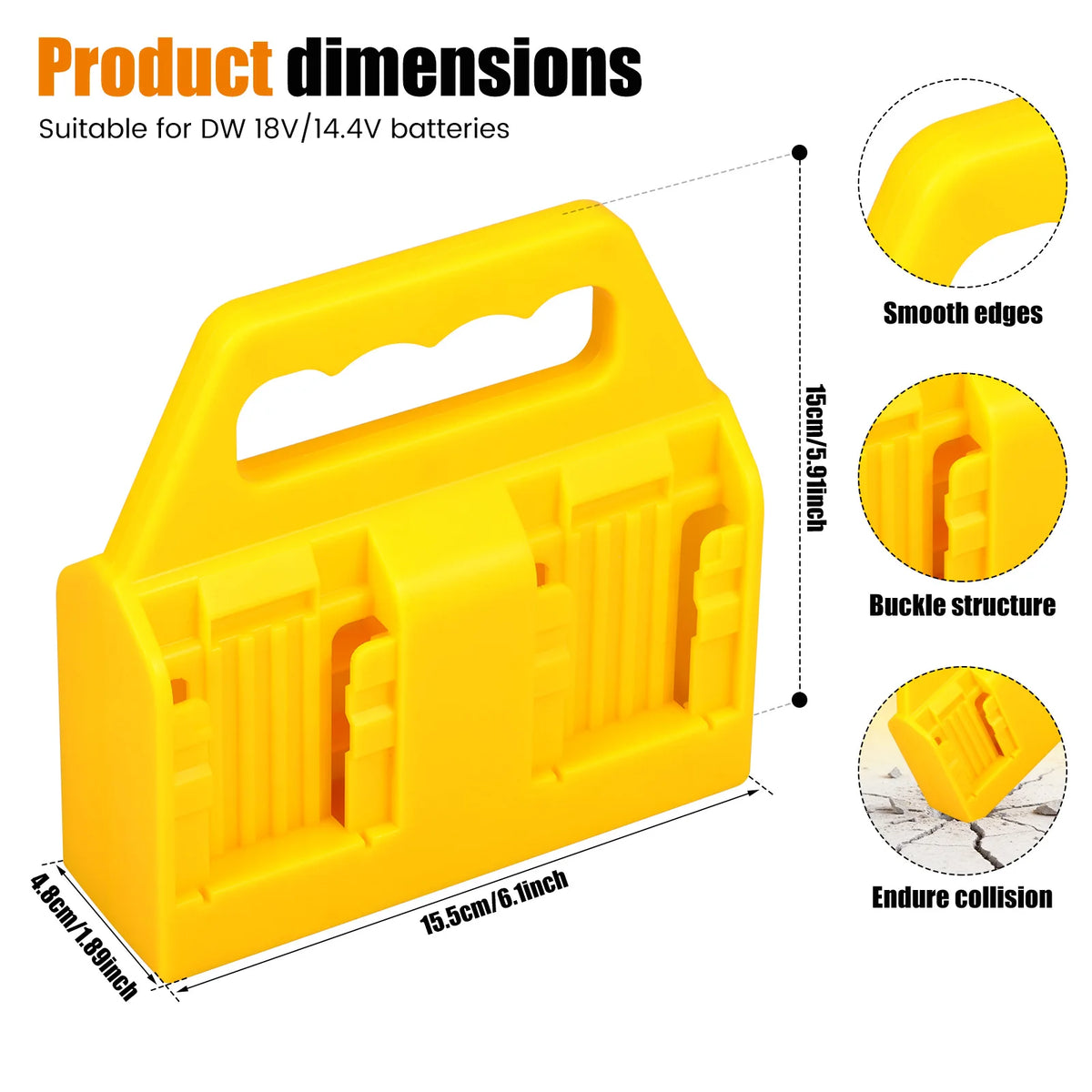 Yellow portable battery storage organizer with smooth edges and buckle structure for DW 18V/14.4V batteries.