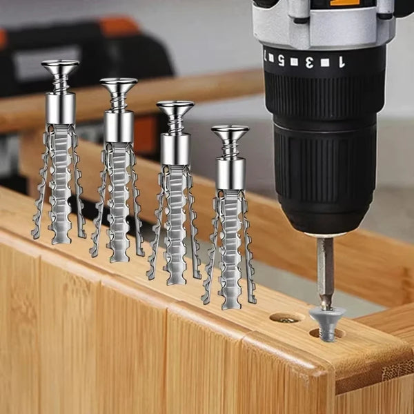 A close-up of heavy duty expansion screws with threaded tips are shown next to a wooden frame.