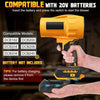 Eine Hand hält ein orangefarbenes Luftbläsergerät und zeigt die Kompatibilität mit 20V-Akkus sowie eine separate Batterie.
