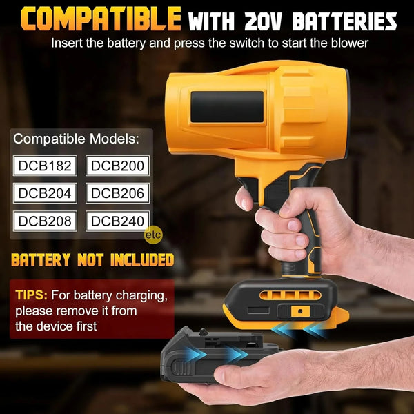 Eine Hand hält ein orangefarbenes Luftbläsergerät und zeigt die Kompatibilität mit 20V-Akkus sowie eine separate Batterie.