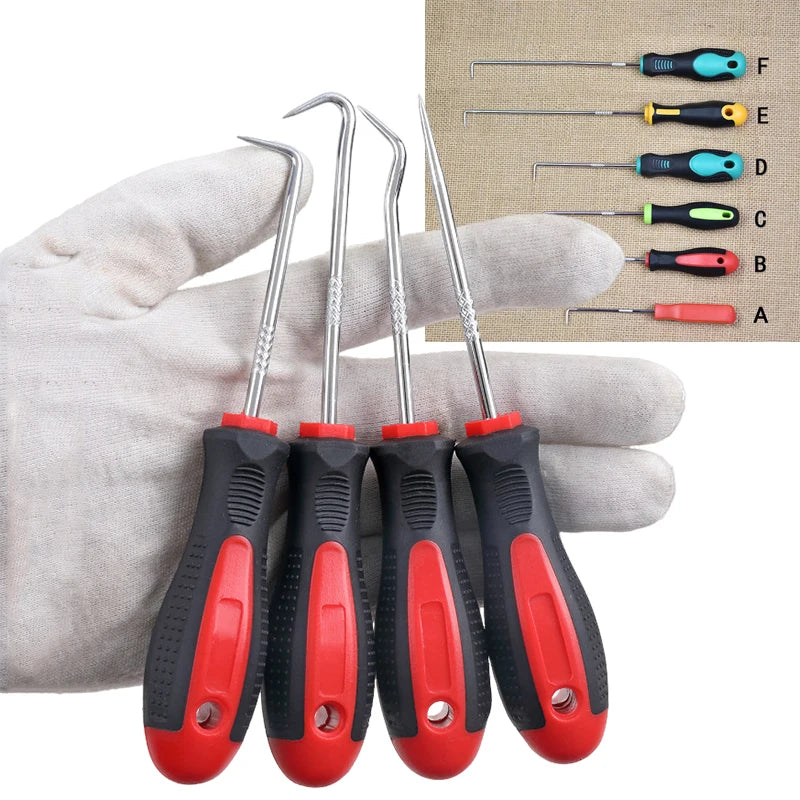 A set of multi-angle car repair hooks with various sizes and colors arranged next to a hand.