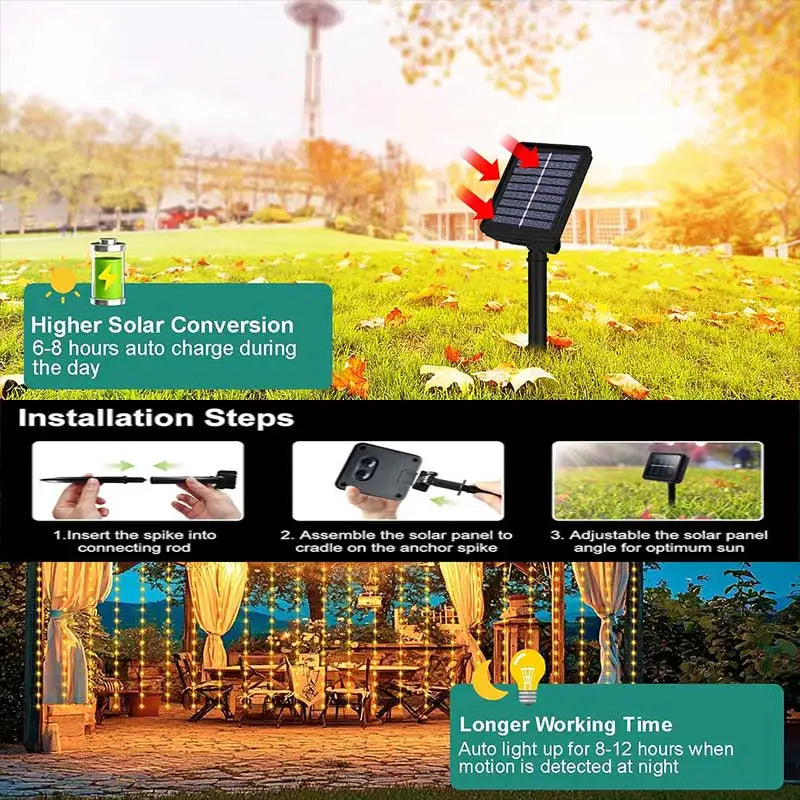 Installation steps and usage of 300 LED solar curtain lights for outdoor and indoor decor.