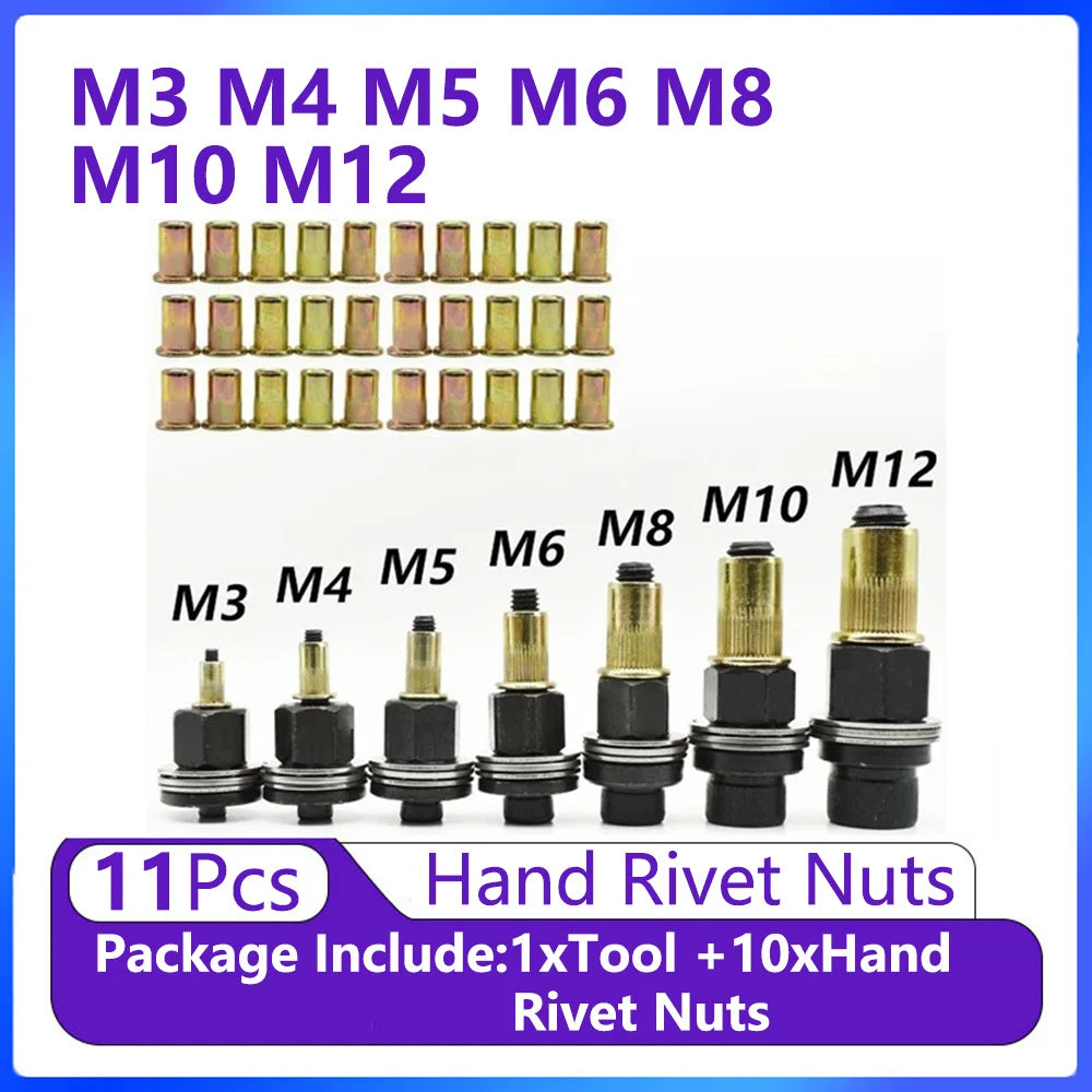 A set of M3 to M12 hand rivet nuts and an installation tool packaged for riveting applications.