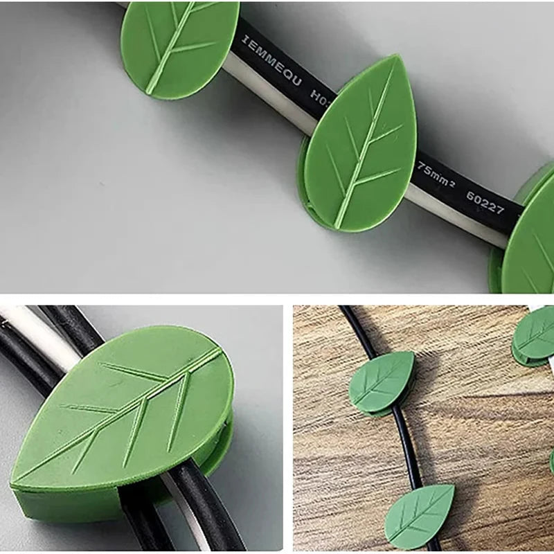 Pinzas de hoja verdes autoadhesivas para soporte de plantas, mostradas en varios ángulos.