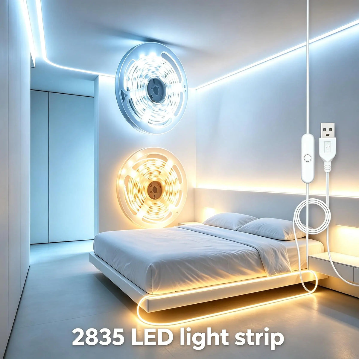 A modern bedroom featuring a bed illuminated by 2835 LED light strips and circular wall lights.