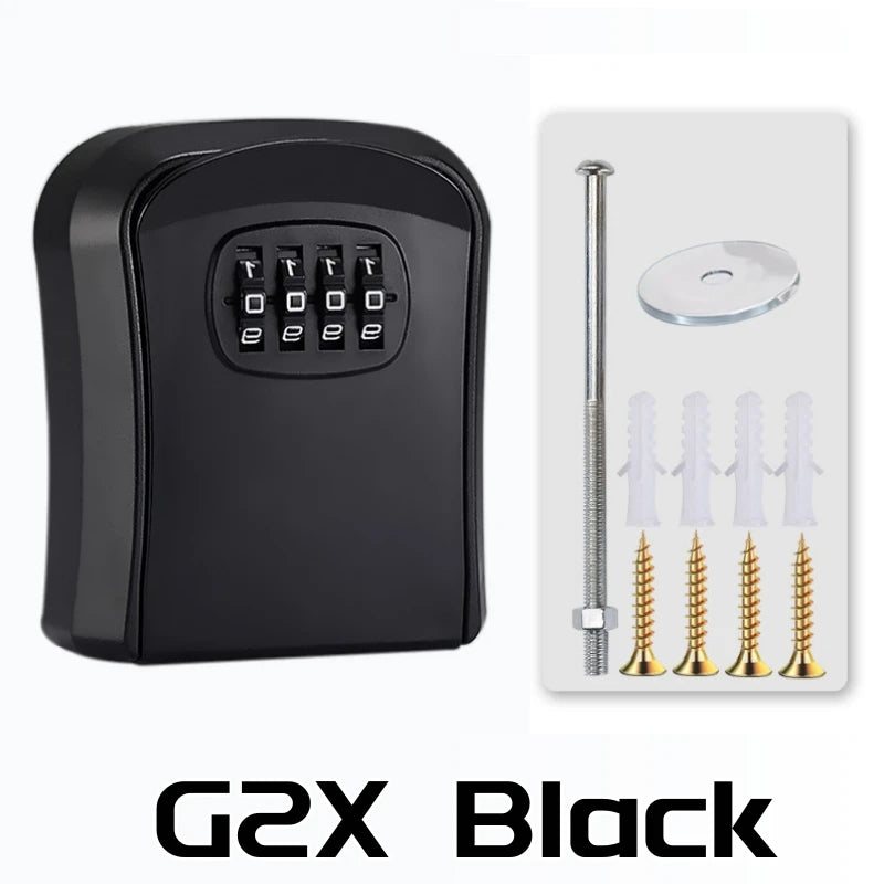 Black wall-mounted security key lock box with a keypad and various key blanks.