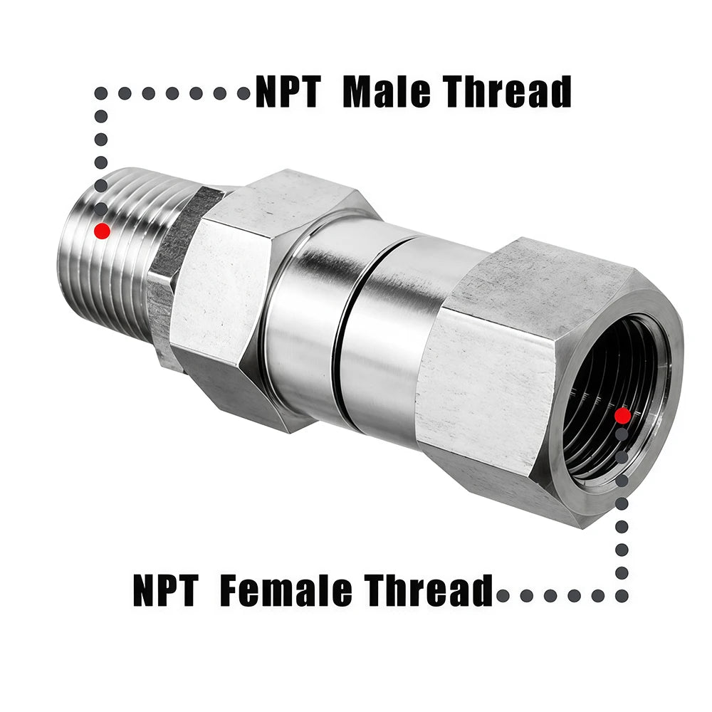 A metal swivel joint connector showing both NPT male and female threads.