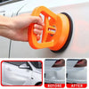A hand is using an orange heavy-duty suction cup dent puller on a car body panel, showing before and after results.