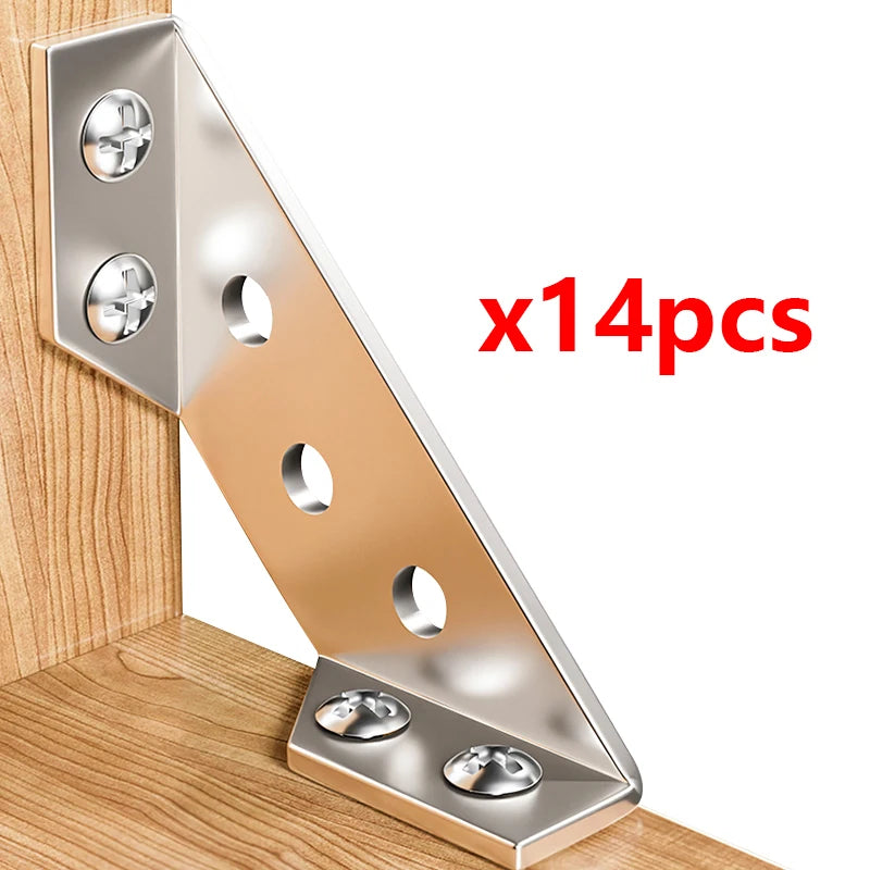Silver L-shaped corner brackets for wood and metal, shown mounted on a wooden surface.