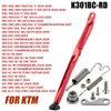 Red motorcycle side stand kickstand kit for KTM featuring various model years and editions