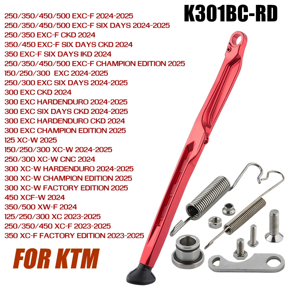 Red motorcycle side stand kickstand kit for KTM featuring various model years and editions