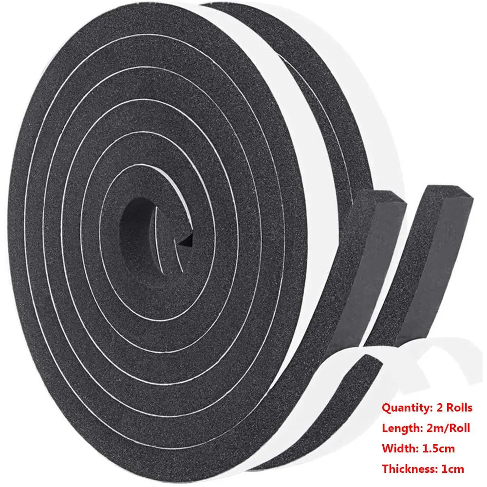 Rolls of black self-adhesive foam weather stripping tape with 1.5cm width and 1cm thickness