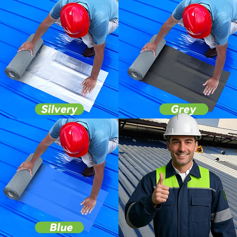Three rolls of heavy duty waterproof sealant tape in silvery, grey, and blue colors being applied to a surface.