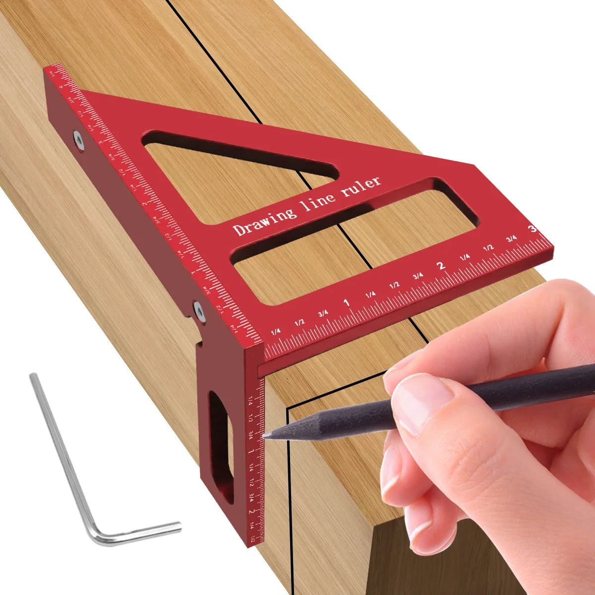 A hand holds a red drawing line ruler against a wooden surface, demonstrating its use for layout.