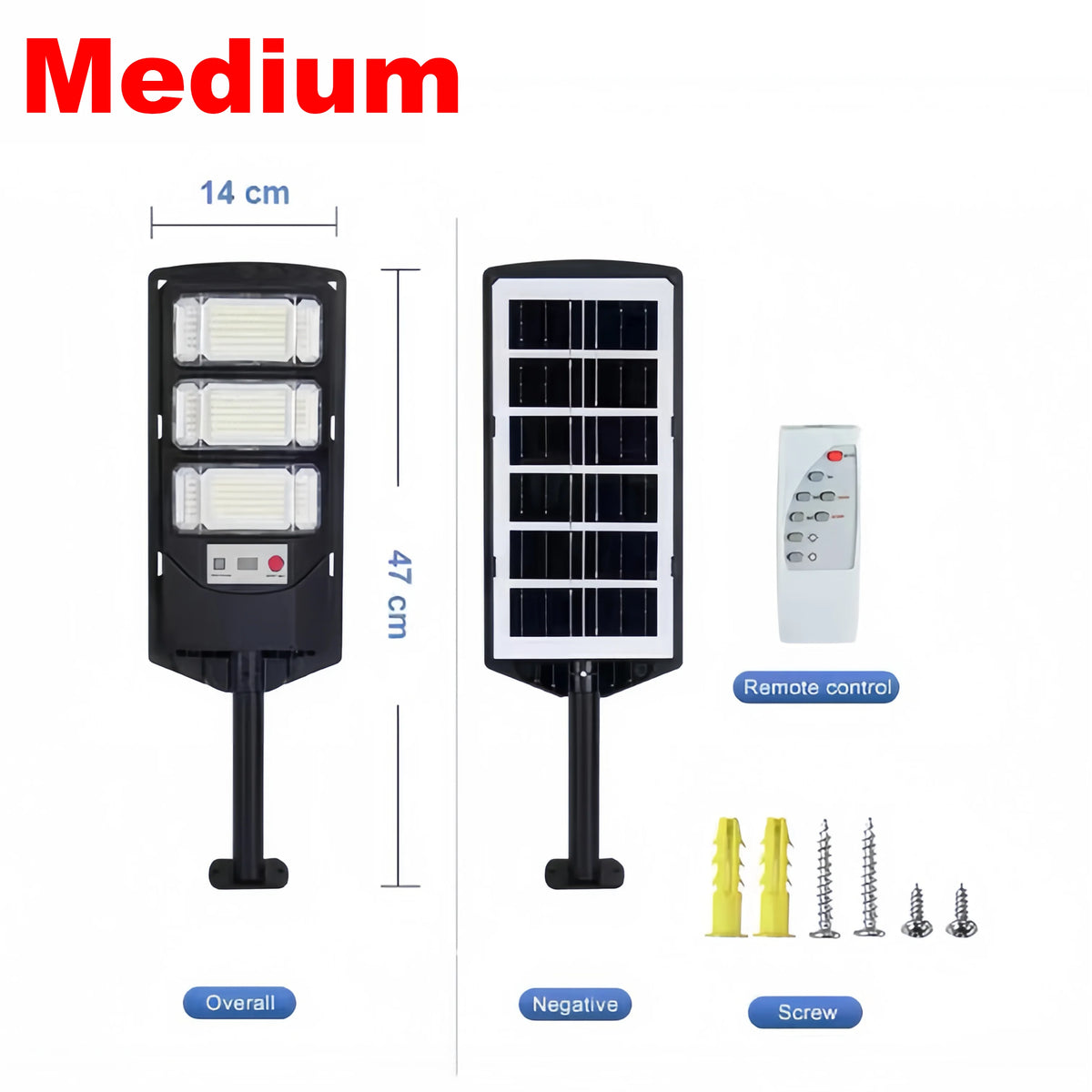 Medium outdoor solar motion sensor LED light with remote control and mounting hardware