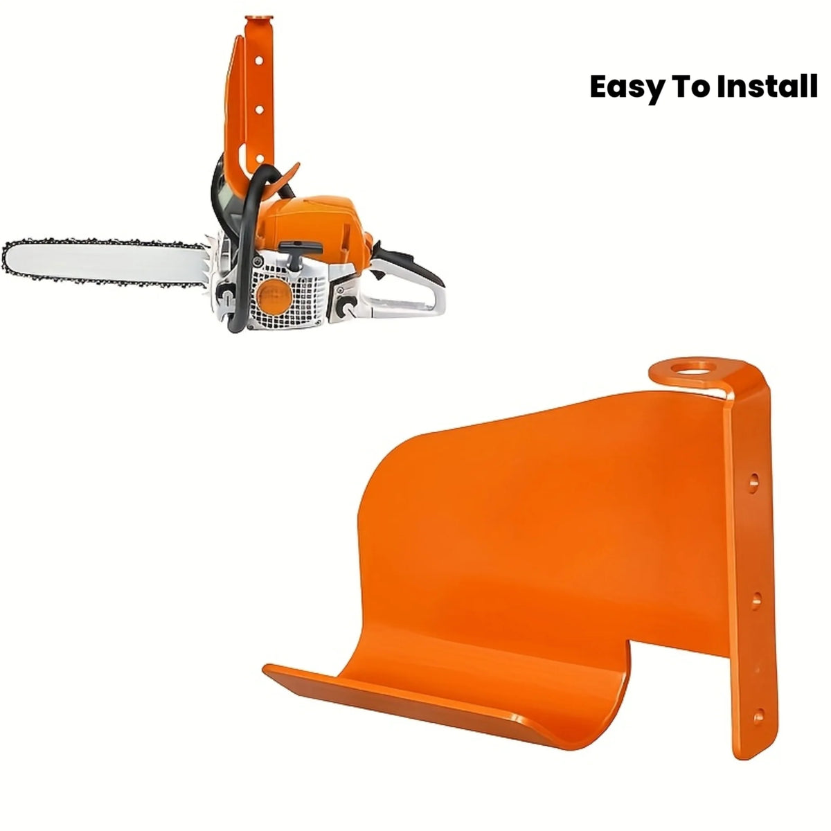 Orange metal chainsaw hook wall storage rack with a blade and mounting bracket