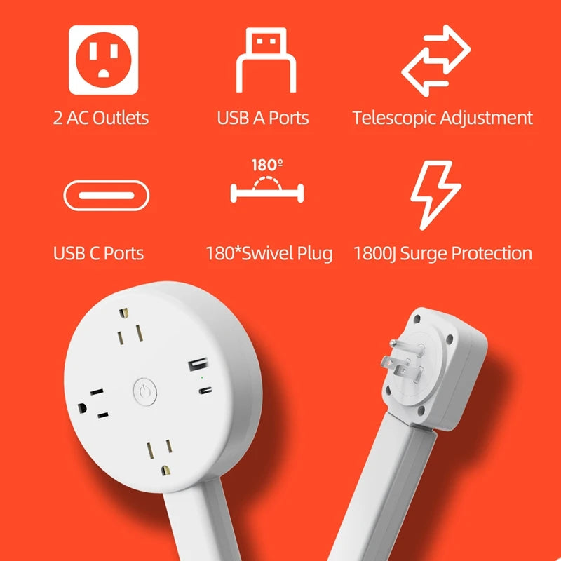 A white electrical outlet extender with USB ports and a telescoping adjustment feature.
