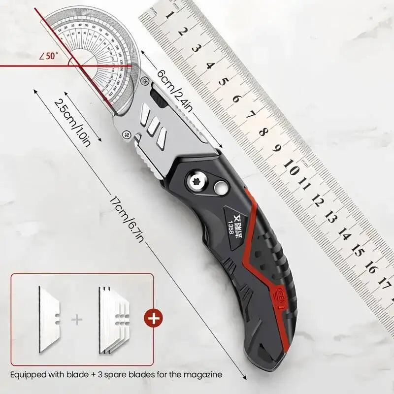 A folding utility knife with a retractable blade is shown next to a ruler, highlighting its dimensions and features.