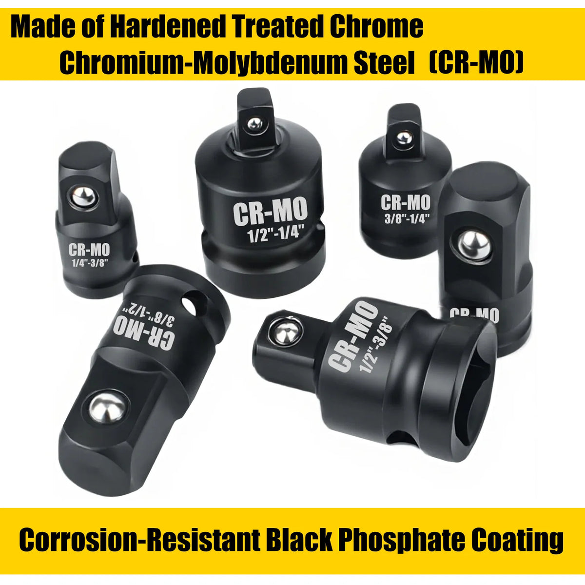 Set of hardened treated chrome chromium-molybdenum steel CR-MO socket adapters and reducers with black phosphate coating