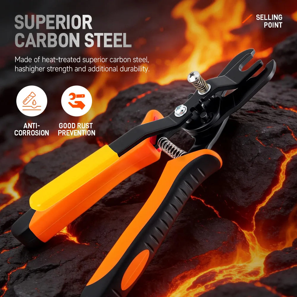 Orange and black pneumatic disconnect tool set made of superior carbon steel against a fiery background