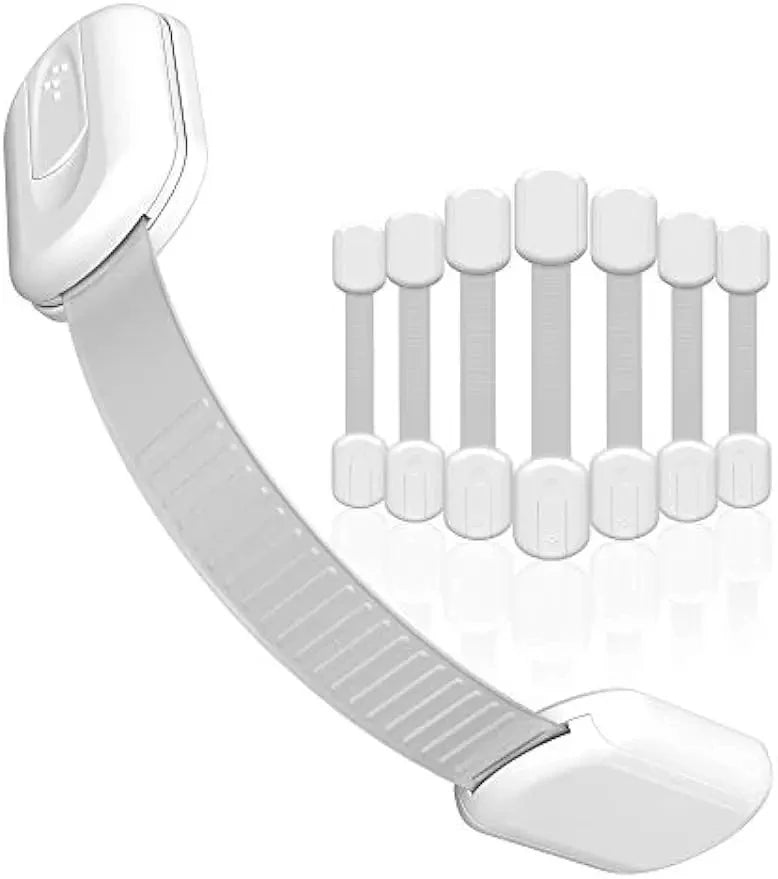 A white adjustable child safety lock featuring multiple sized latches for cabinets and drawers.