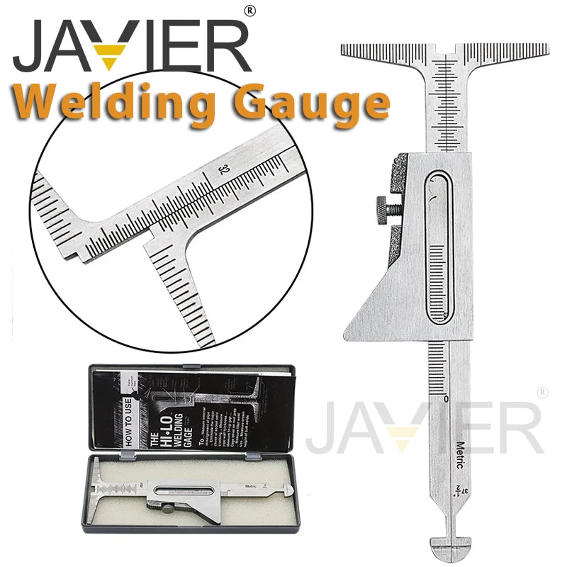 A Javier Welding Gauge tool showing various components including a main gauge and a pistol grip.