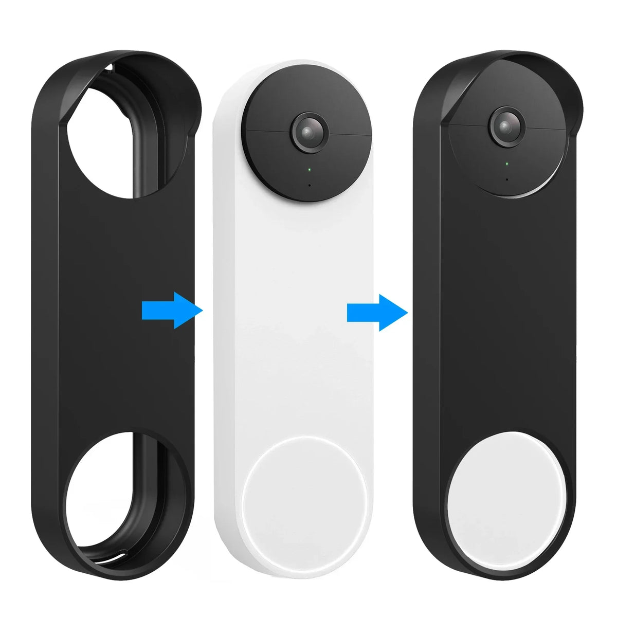 Three views of a black weatherproof silicone cover for a Nest doorbell, showing the front and side profiles.