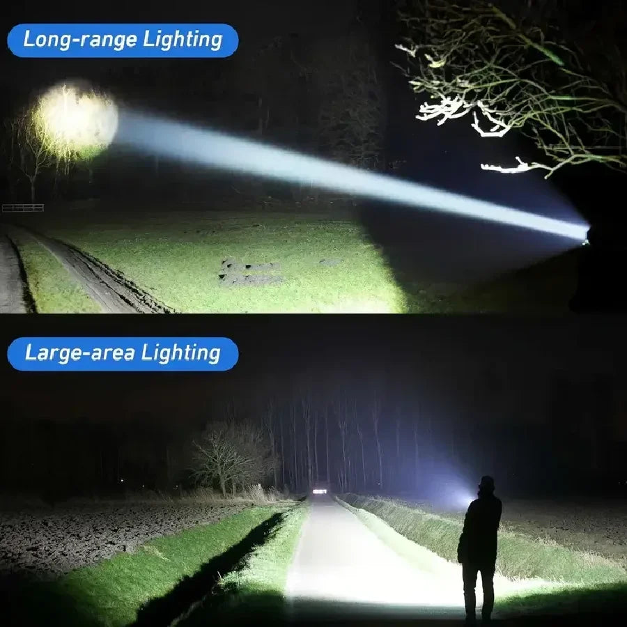 Comparison of long-range and large-area lighting techniques shown in nighttime outdoor settings.