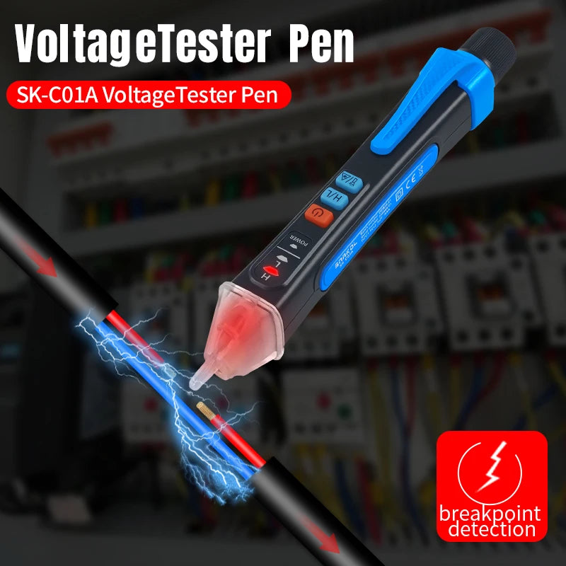 A blue and black VoltageTester Pen is shown emitting electrical sparks on a wire, demonstrating breakpoint detection.