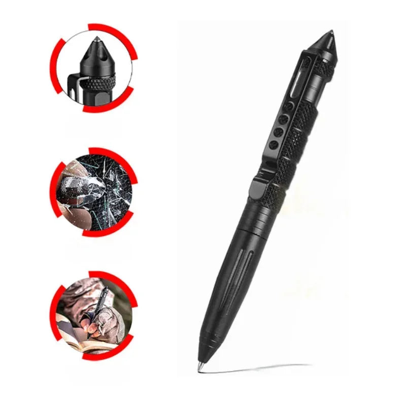 A black tactical self-defense pen shown with various components and a close-up view of the tip.