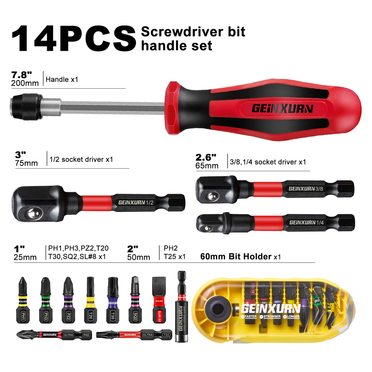 A set of 14 pieces of screwdriver bits and drivers including various sizes and a bit holder.