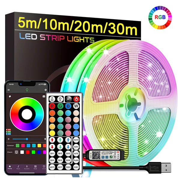 A set of flexible RGB LED strip lights, a smartphone displaying color options, and a dedicated LED controller are shown.